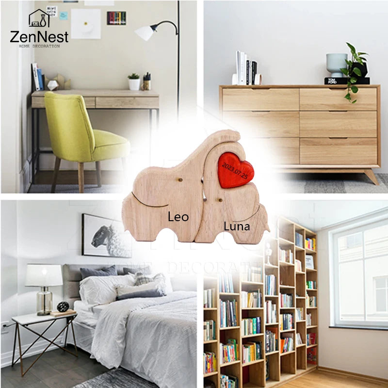 Puzzle Familial Éléphants Rose en Bois Personnalisable – Statuette Décorative Prénoms Gravés
