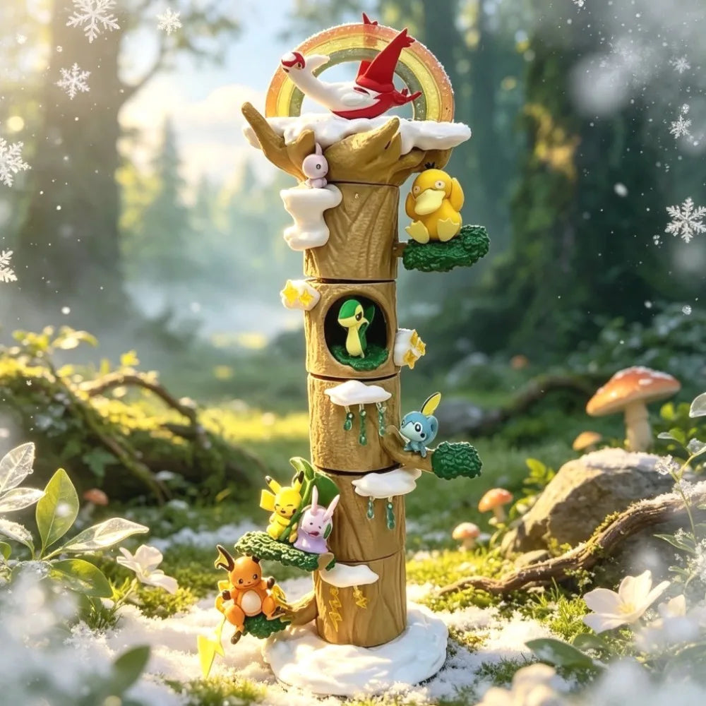 Diorama Pokémon sur le thème de l'hiver représentant un grand arbre décoratif avec plusieurs mini-figurines intégrées sur leurs petits socles thématiques