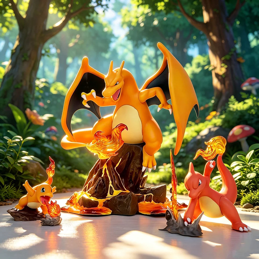 Statuette Pokémon représentant toute la ligne d'évolution de Salamèche à Dracaufeu avec de superbes effets de flammes sur un socle thématique.
