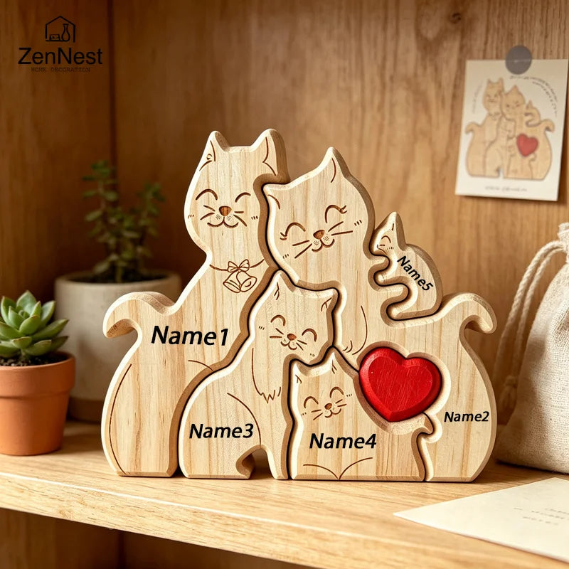 Puzzle Familial Chats en Bois Personnalisable – Statuette Décorative Prénoms Gravés