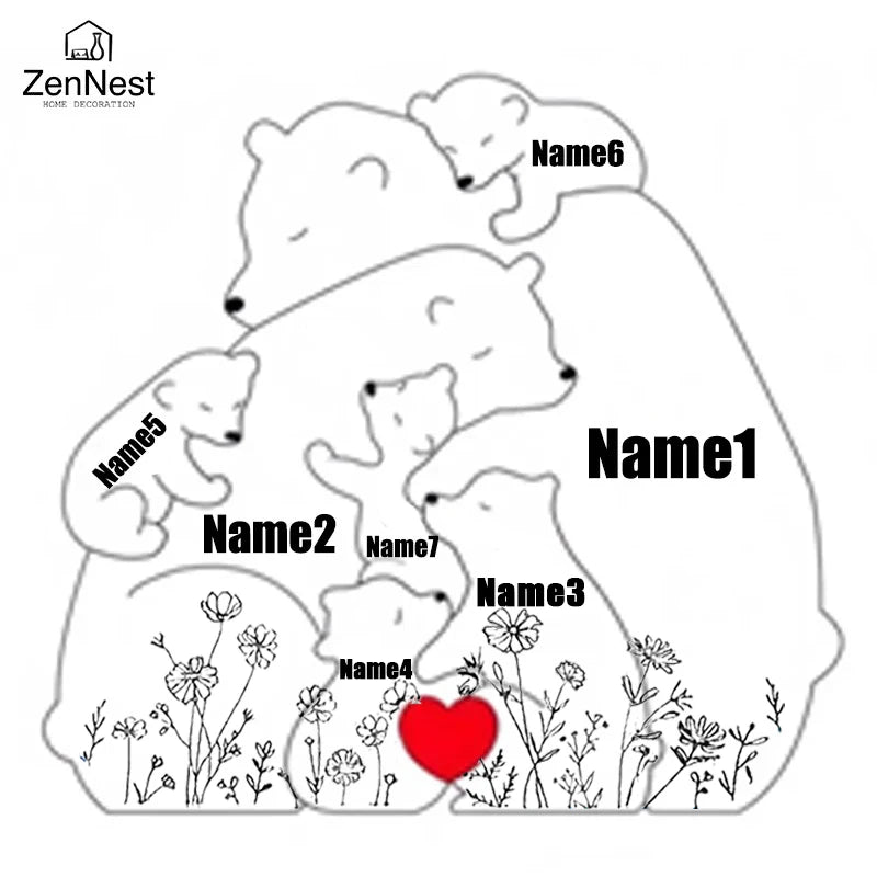 Statuette Ours Famille en Bois Personnalisée – Puzzle Décoratif Gravé Prénoms