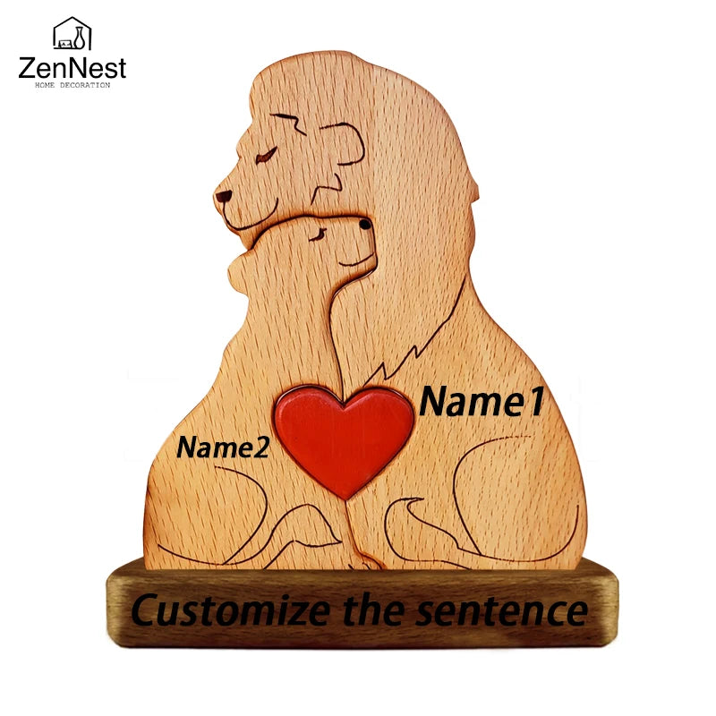 Statuette Lions Famille en Bois Personnalisée – Puzzle Décoratif Cœur & Noël