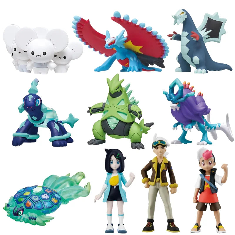 Sélection de figurines Pokémon variées incluant des Pokémon emblématiques, des formes de Teracristal et des dresseurs.