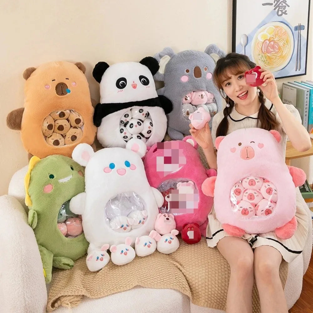 Coussin Peluche Fenêtre Transparente – Doudou Rempli de Mini Poupées Panda & Animaux