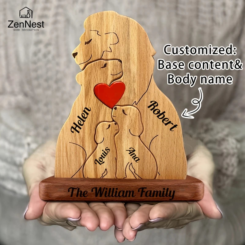 Statuette Lions Famille en Bois Personnalisée – Puzzle Décoratif Cœur & Noël