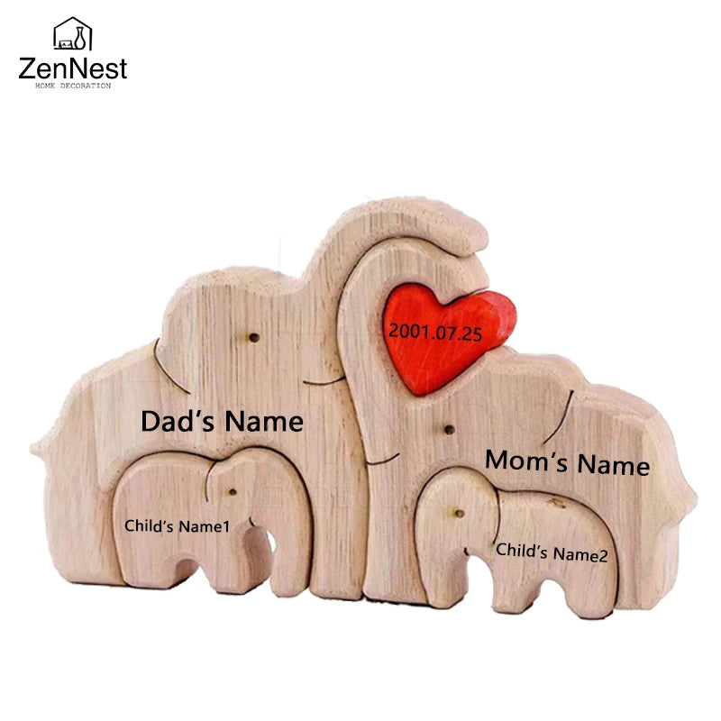 Puzzle Familial Éléphants Rose en Bois Personnalisable – Statuette Décorative Prénoms Gravés