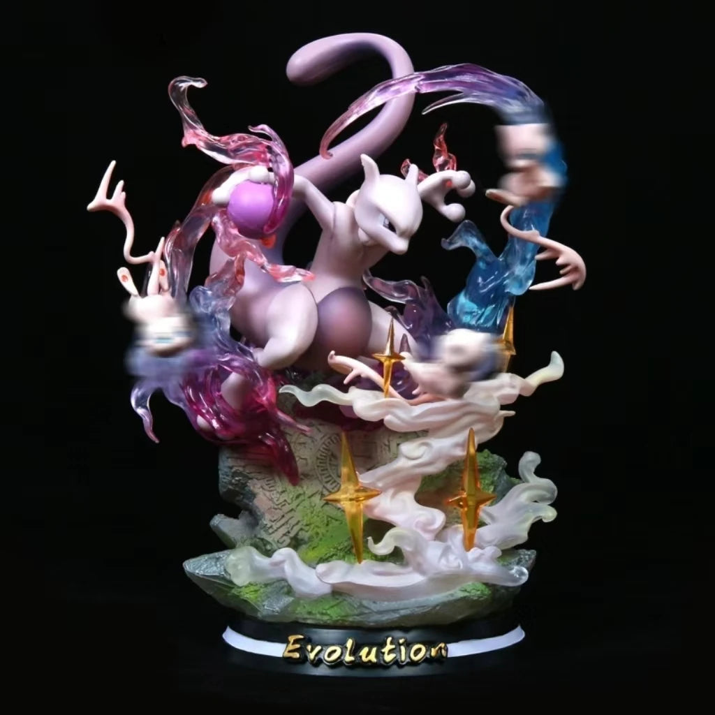 Statues de collection premium représentant divers Pokémon emblématiques accompagnés de socles et d'effets d'attaque spectaculaires.