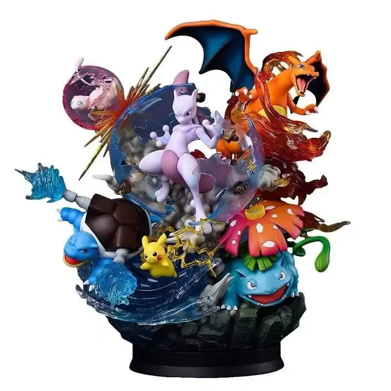 Imposante statue de collection diorama représentant un affrontement épique entre Mewtwo, Dracaufeu, Tortank et Florizarre