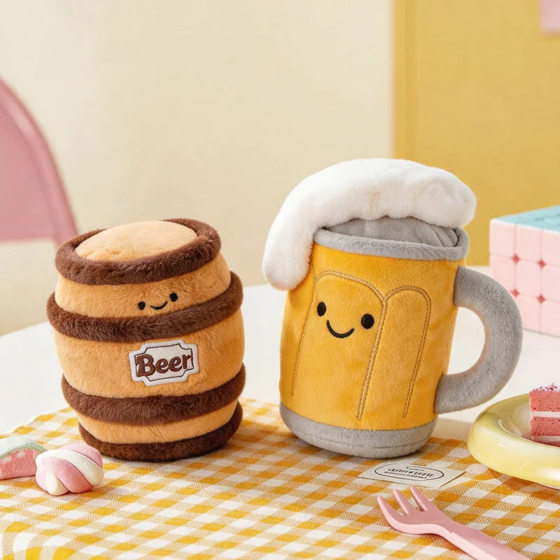 Peluche Chope de Bière & Tonneau Mousse – Doudou Kawaii Rigolo Boisson