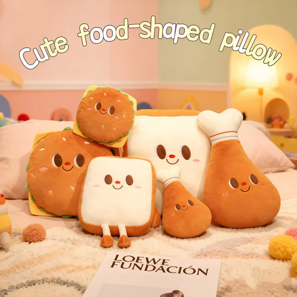 Coussin Peluche Fast-Food Kawaii – Doudou Pain de Mie, Cuisse de Poulet & Burger