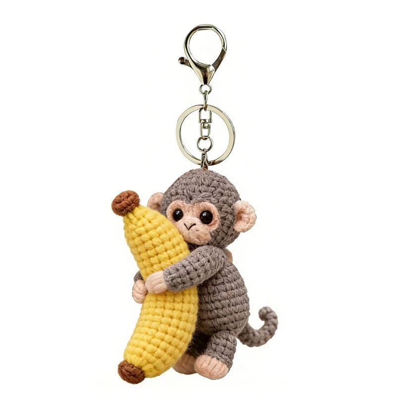 Porte-Clés Singe Tricoté avec Banane – Pendentif Crochet Fait Main Kawaii