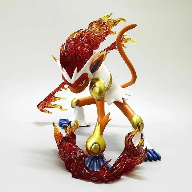Figurine Pokémon de Simiabraz en position de combat au milieu d'un cercle de feu ardent.