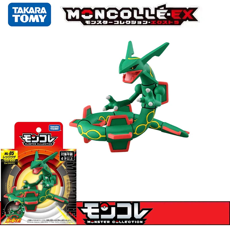 Figurines articulées de la collection Moncolle représentant Rayquaza (version classique et Shiny) ainsi que Torterra avec leurs emballages officiels.