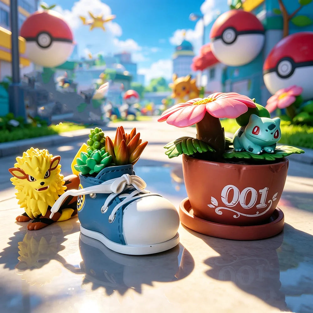 Lot de mini-figurines Pokémon variées présentées sur de petits socles thématiques d'environnement