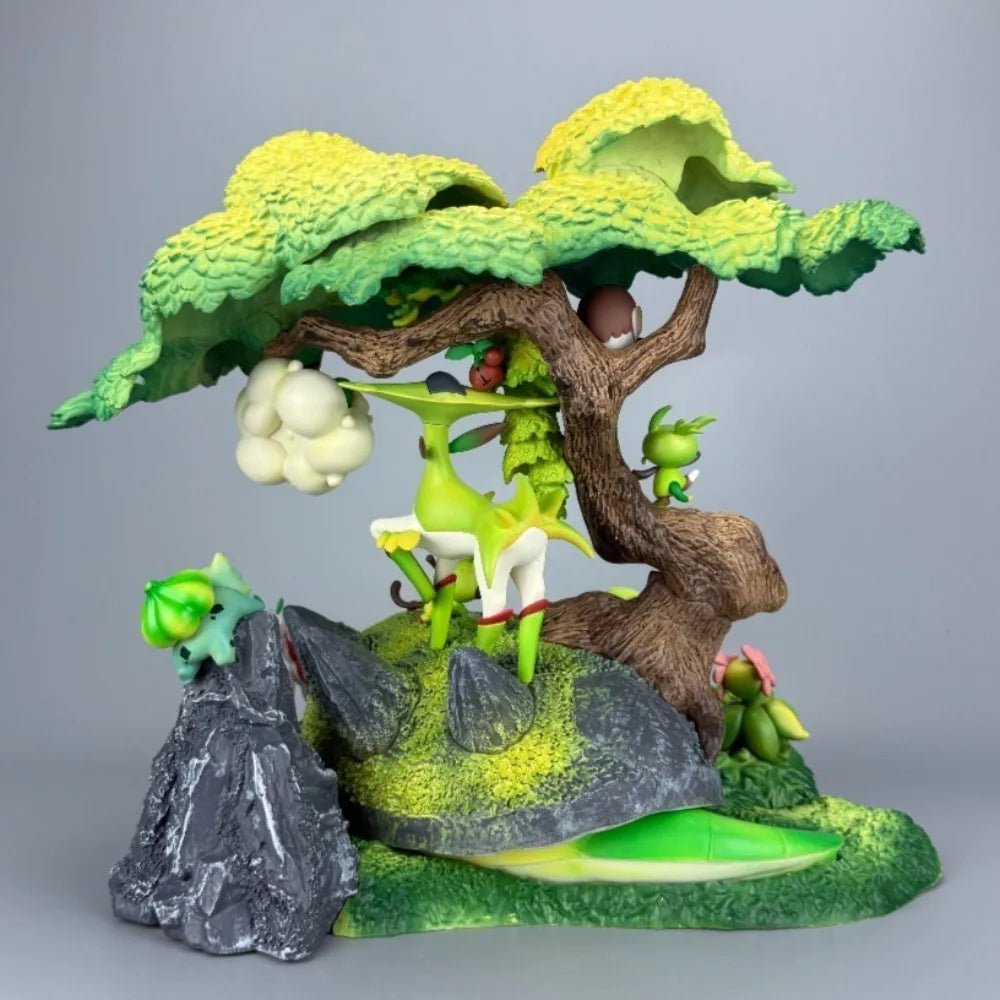 Grand diorama Pokémon sur le thème de la nature représentant un arbre majestueux avec plusieurs Pokémon de type Plante intégrés sur un environnement naturel
