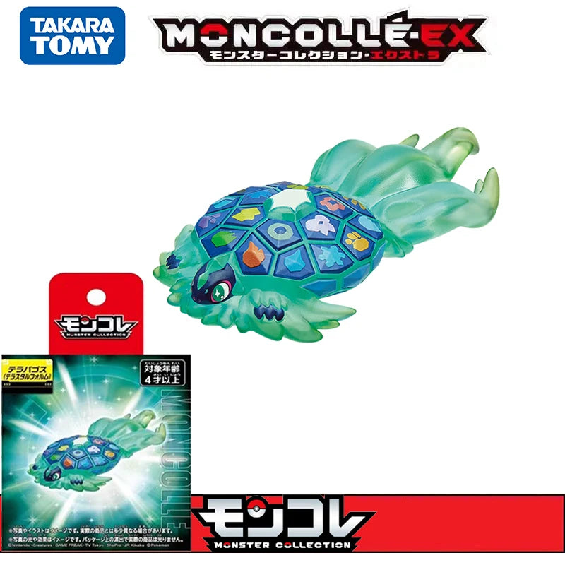 Figurines articulées de la collection Moncolle représentant Rayquaza (version classique et Shiny) ainsi que Torterra avec leurs emballages officiels.