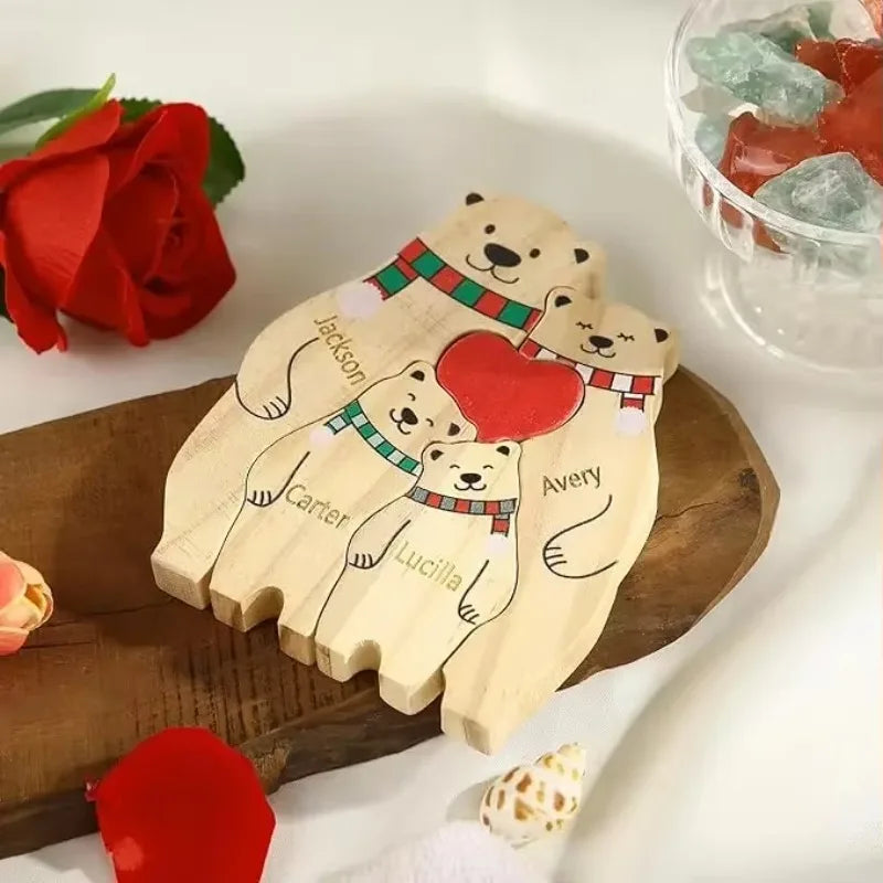 Statuette Ours Noël en Bois Personnalisée – Puzzle Décoratif Écharpe & Cœur Gravé