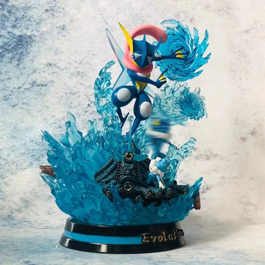 Statues de collection premium représentant divers Pokémon emblématiques accompagnés de socles et d'effets d'attaque spectaculaires.