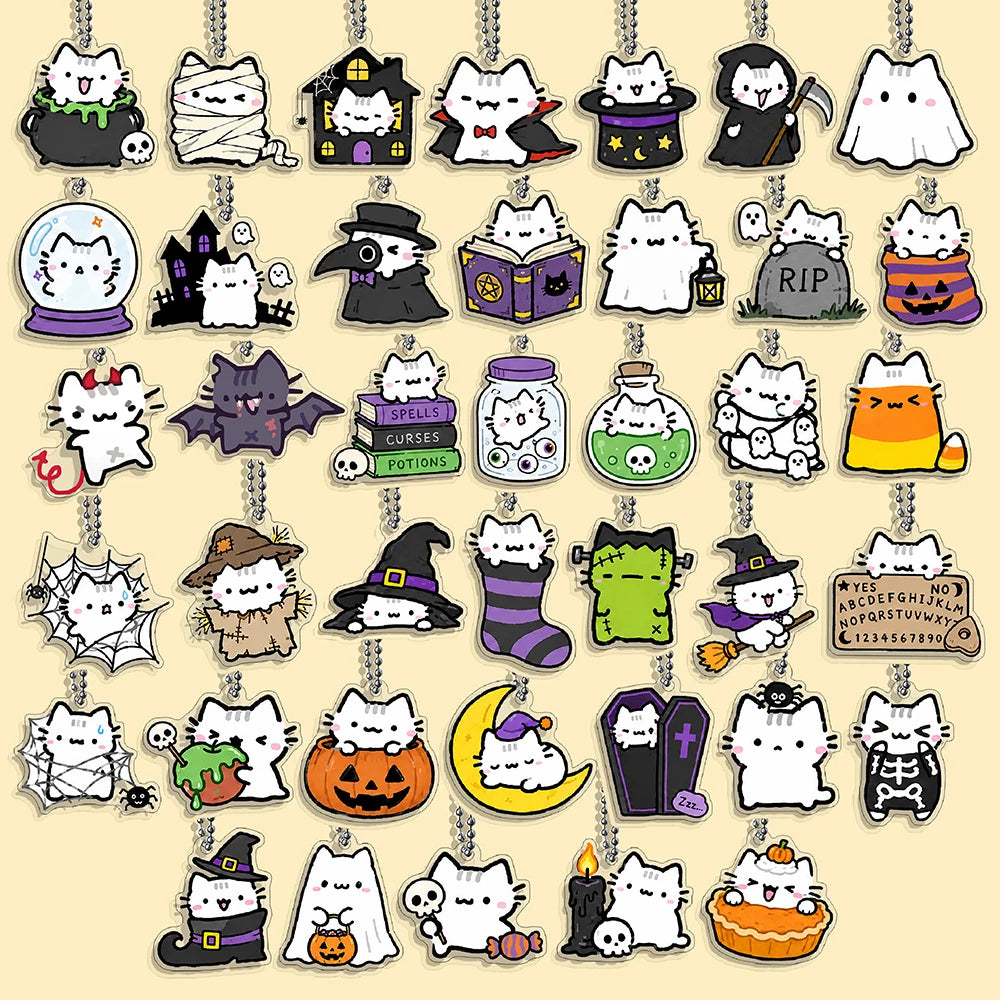 Lot Porte-Clés Chats Halloween – Pendentifs Citrouille, Fantôme & Sorcière Kawaii