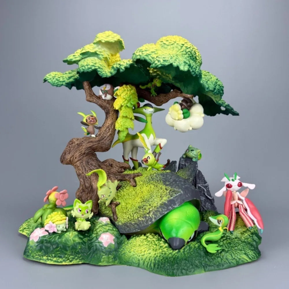 Grand diorama Pokémon sur le thème de la nature représentant un arbre majestueux avec plusieurs Pokémon de type Plante intégrés sur un environnement naturel