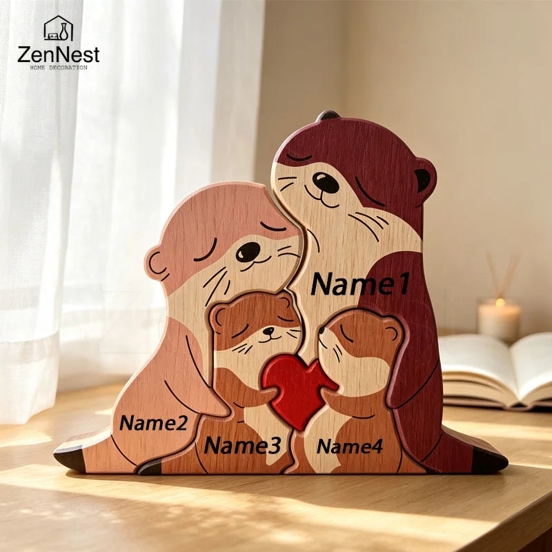 Statuette Loutres Famille en Bois Personnalisée – Puzzle Décoratif Cœur & Prénoms