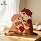 Statuette Loutres Famille en Bois Personnalisée – Puzzle Décoratif Cœur & Prénoms