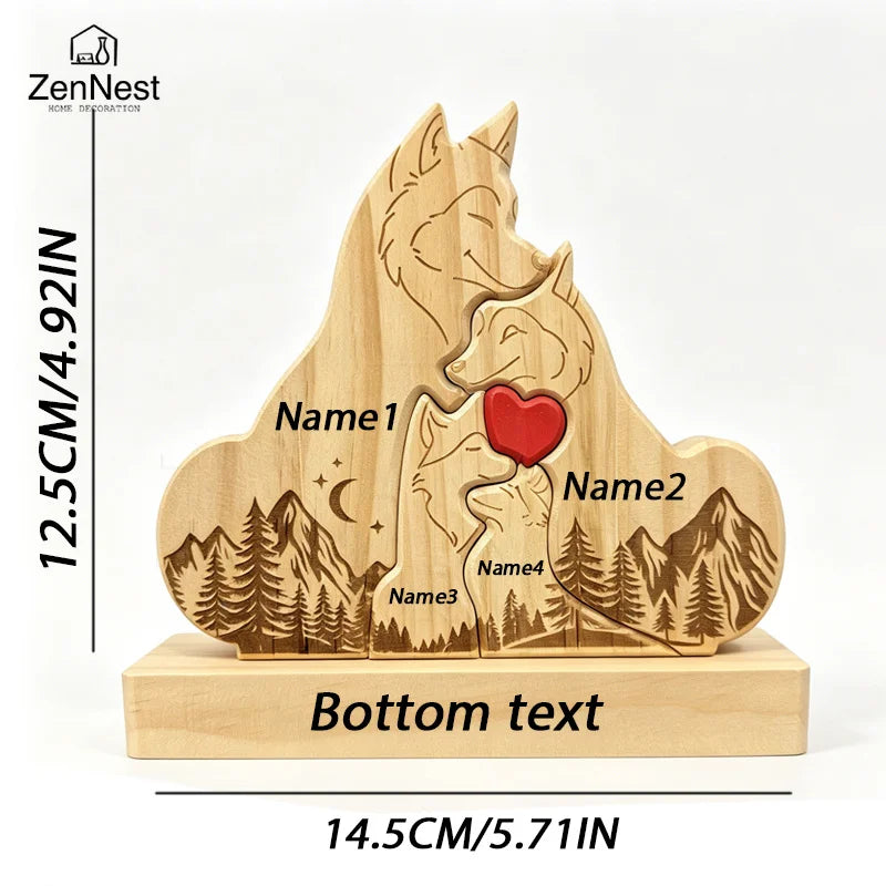 Puzzle Familial Loup en Bois Personnalisable – Statuette Décorative Prénoms Gravés