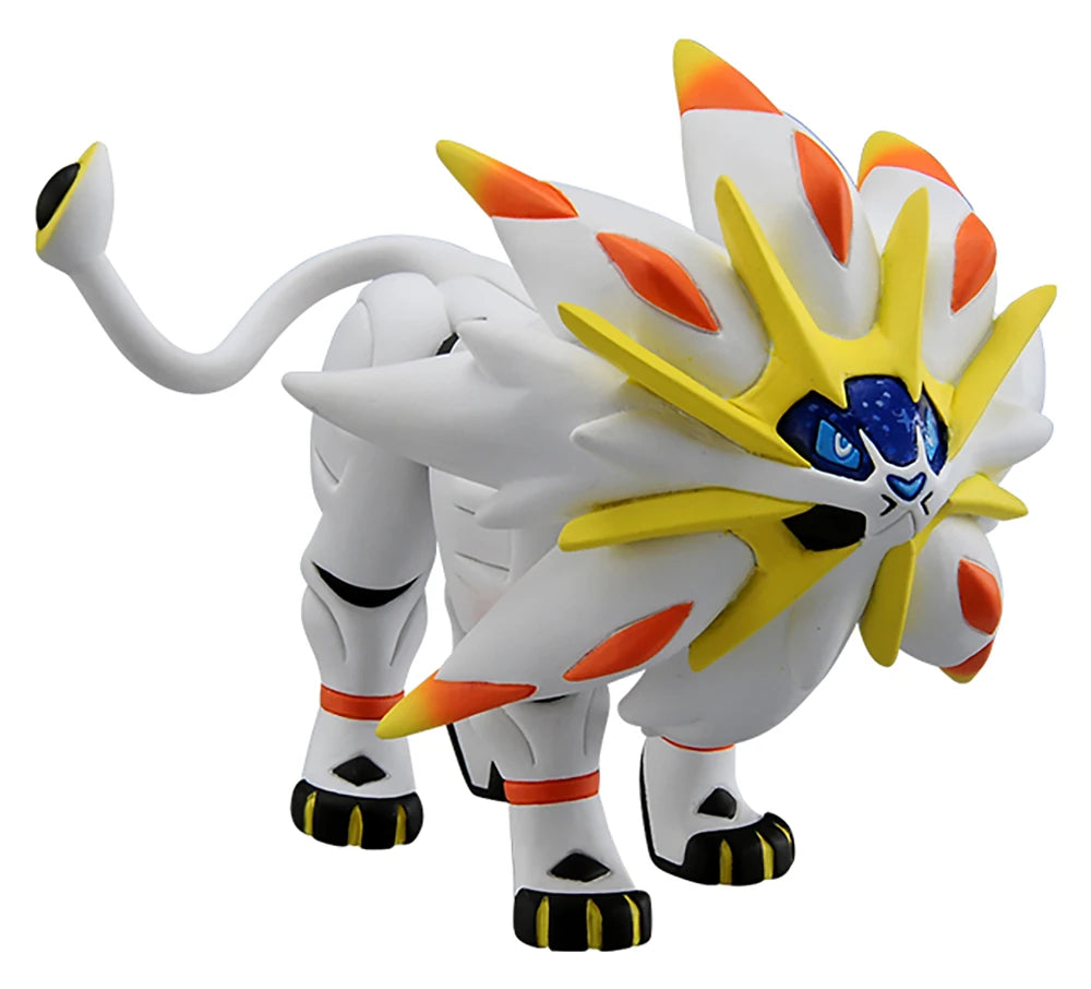 Figurine Pokémon officielle de Solgaleo et Lunala, emblèmes du Soleil et de la Lune.