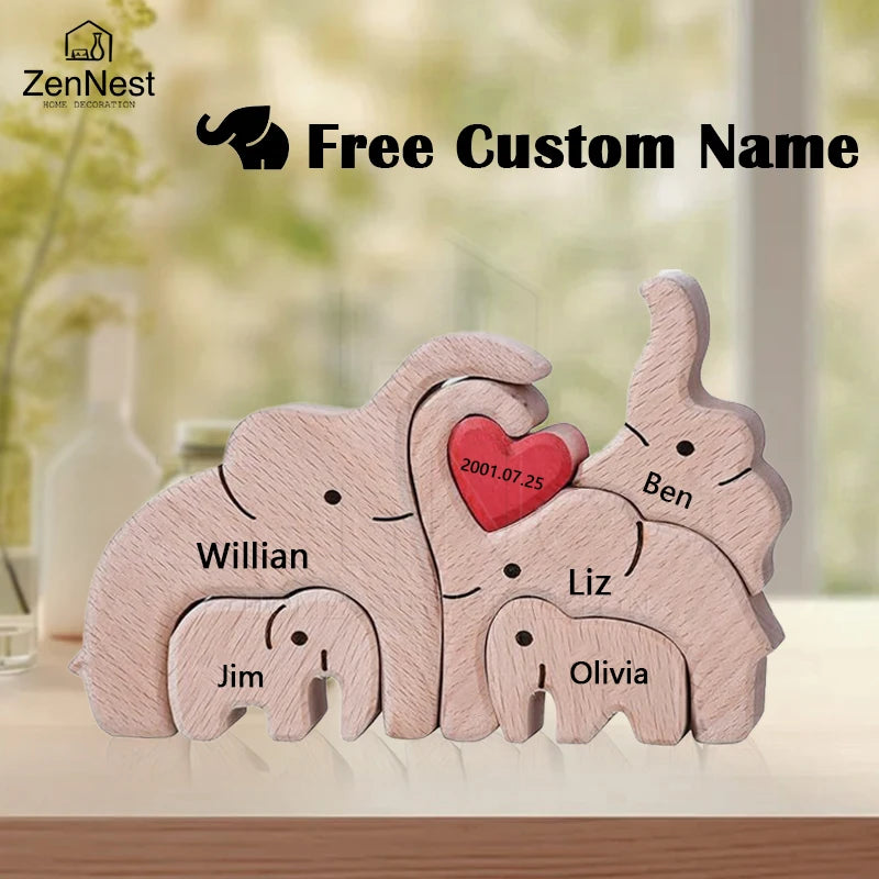 Puzzle Familial Éléphants Rose en Bois Personnalisable – Statuette Décorative Prénoms Gravés