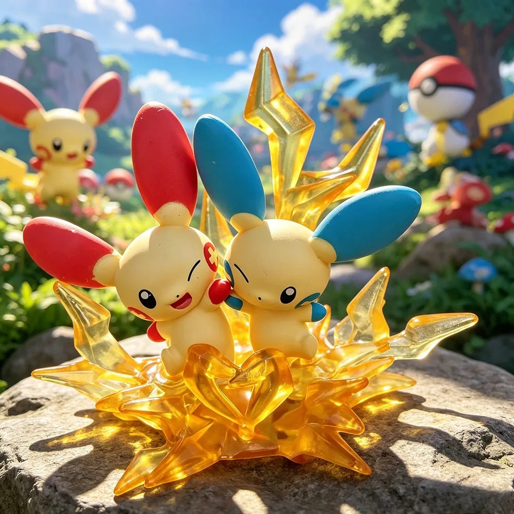 Ensemble de 8 mini-figurines Pokémon posées sur des socles en cristal coloré.