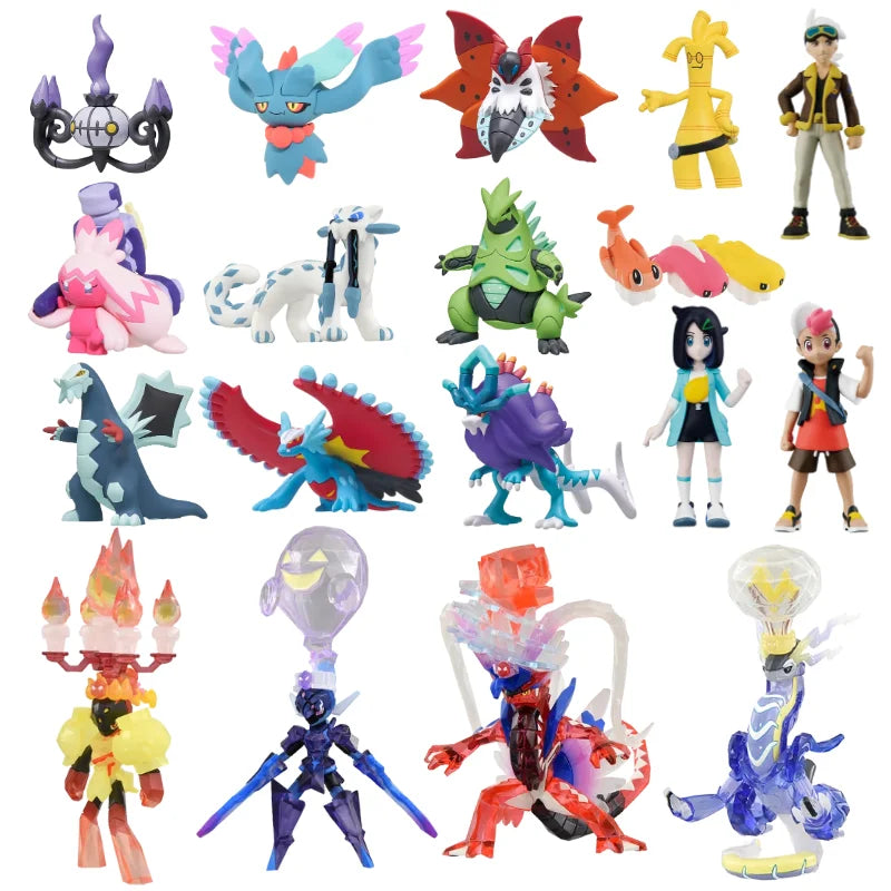 Sélection de figurines Pokémon variées incluant des Pokémon emblématiques, des formes de Teracristal et des dresseurs.