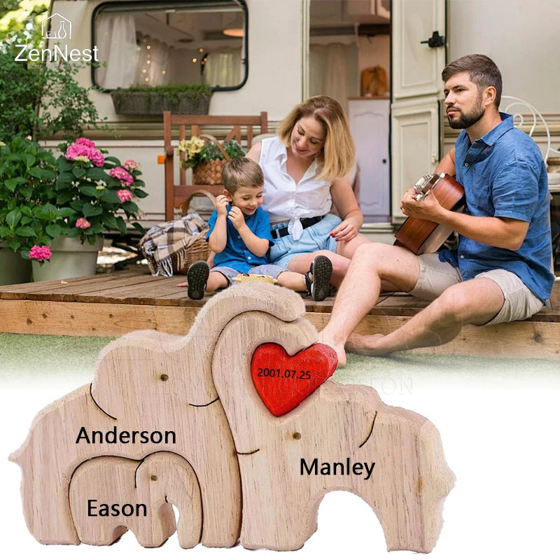 Puzzle Familial Éléphants Rose en Bois Personnalisable – Statuette Décorative Prénoms Gravés
