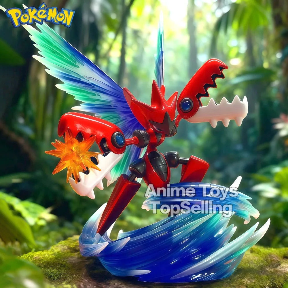 Figurine Pokémon de Cizayox en pleine attaque avec des effets d'énergie dynamiques et un socle détaillé.