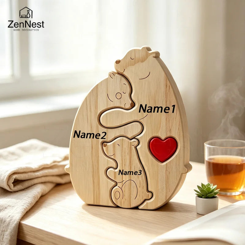 Puzzle Familial Ourse & Oursons en Bois Personnalisé – Statuette Cœur Gravée