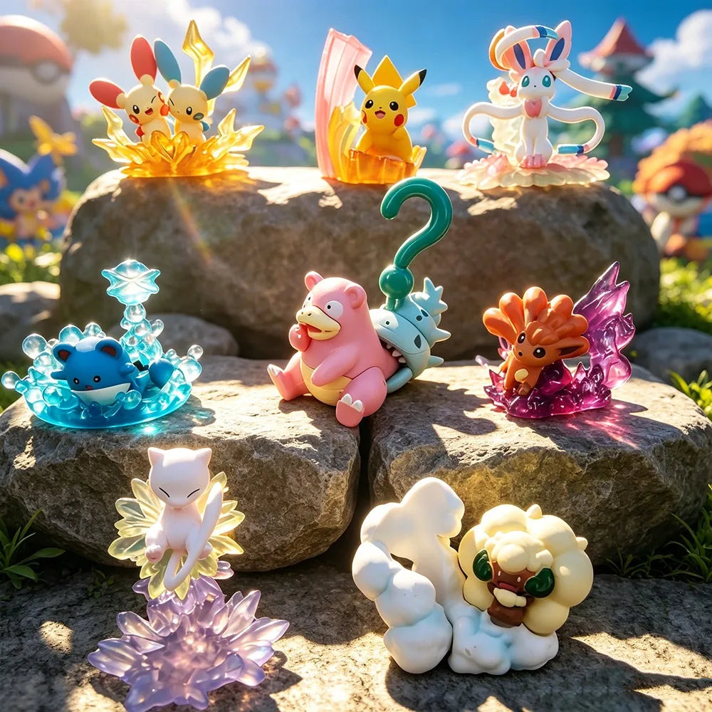 Ensemble de 8 mini-figurines Pokémon posées sur des socles en cristal coloré.