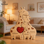 Puzzle Familial Girafes en Bois Personnalisé – Statuette Décorative Prénoms Gravés