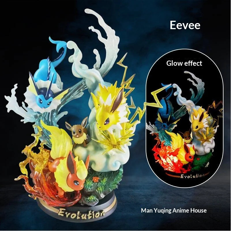Statues de collection premium représentant divers Pokémon emblématiques accompagnés de socles et d'effets d'attaque spectaculaires.
