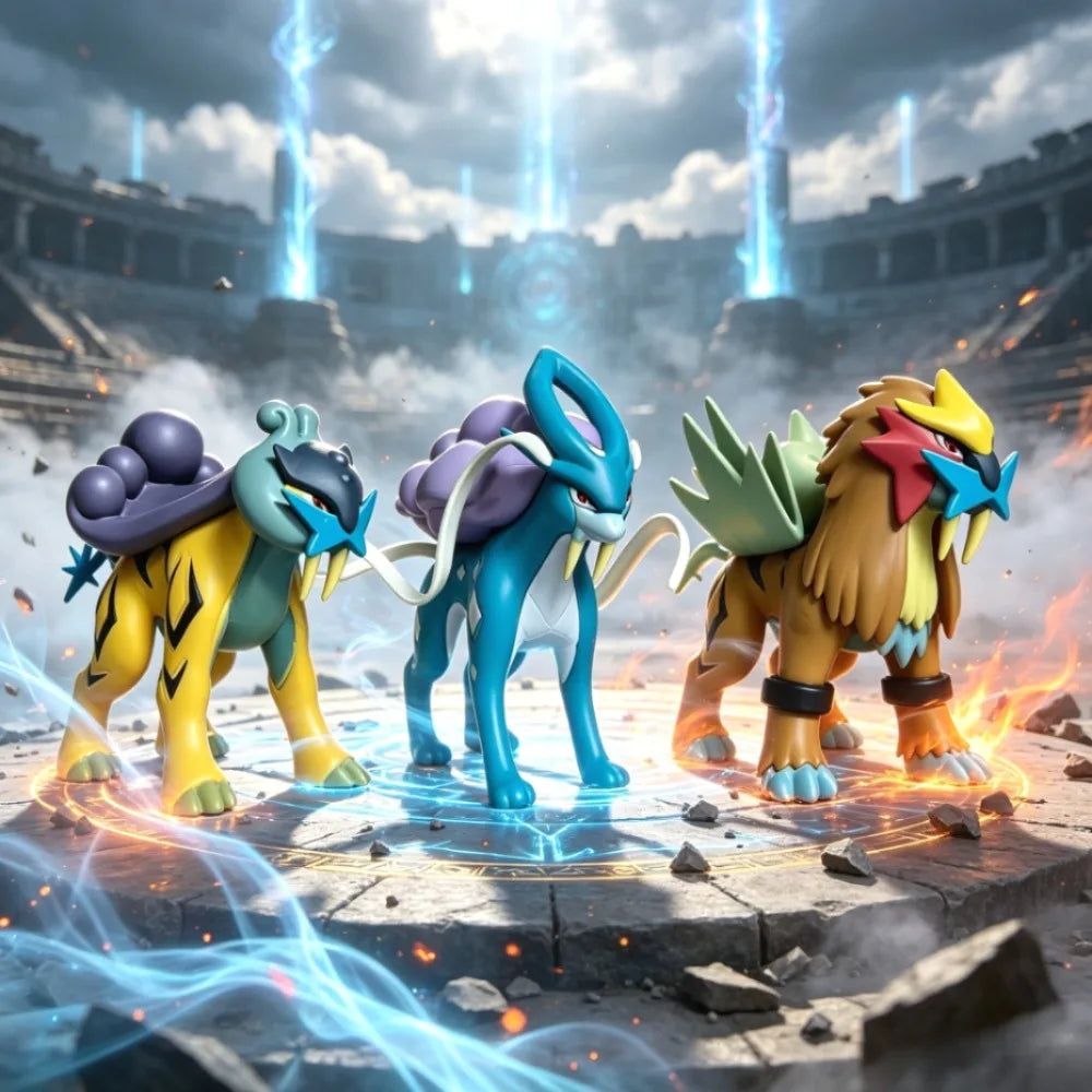 Figurines Pokémon représentant le trio légendaire de la deuxième génération présentés dans une arène de combat.
