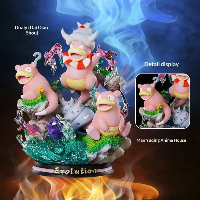 Statues de collection premium représentant divers Pokémon emblématiques accompagnés de socles et d'effets d'attaque spectaculaires.