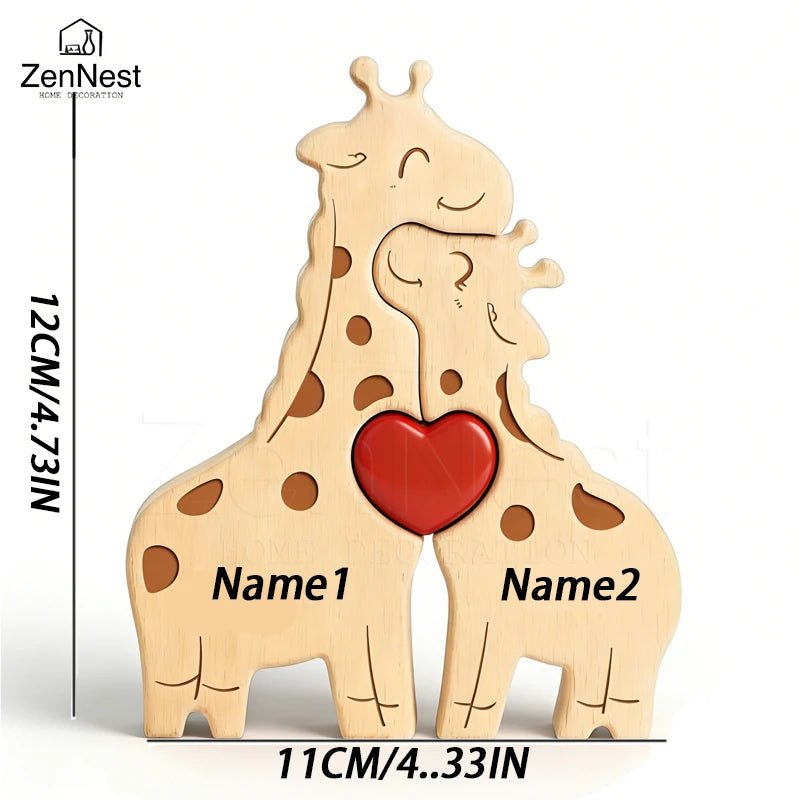 Puzzle Familial Girafes en Bois Personnalisé – Statuette Décorative Prénoms Gravés