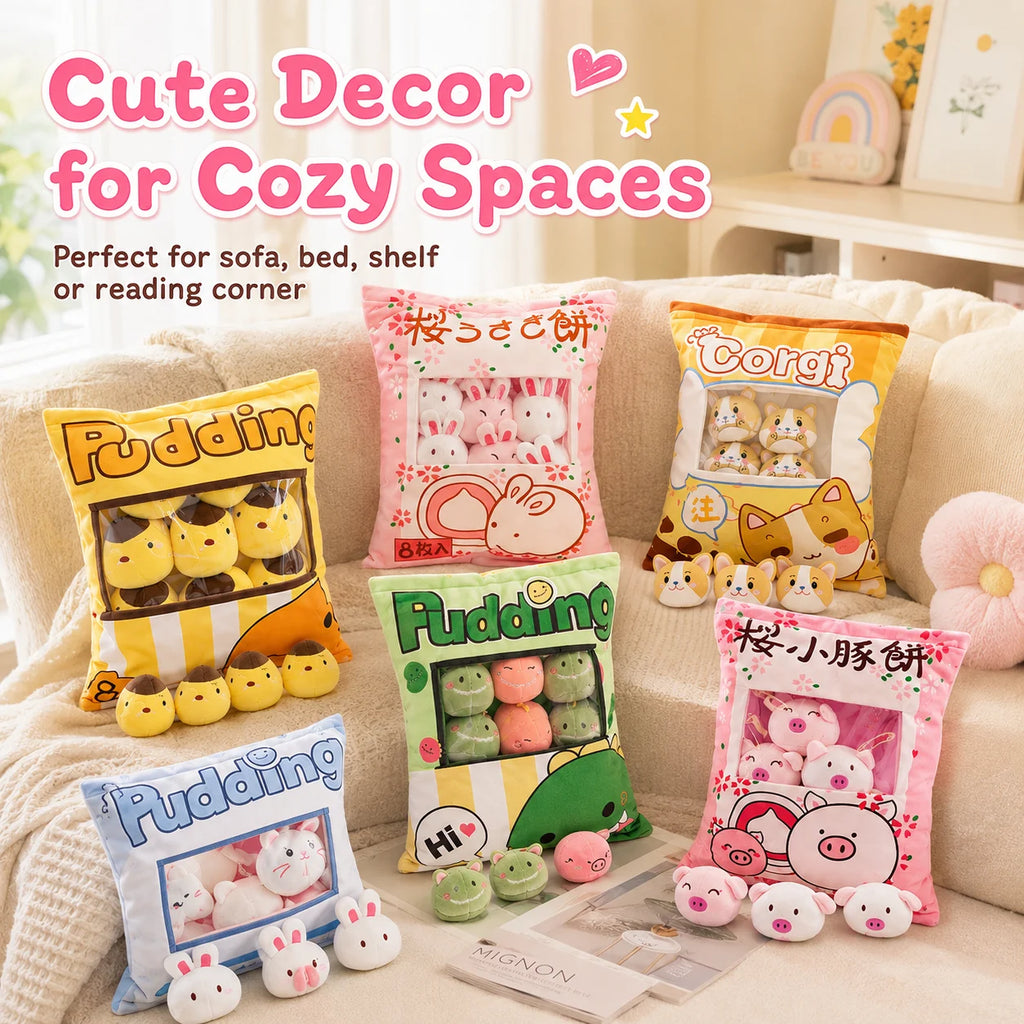 Sachet de Peluches Paquet de Gâteaux Kawaii – Coussin Snack Rempli de Mini Doudous