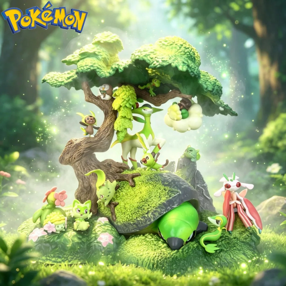 Grand diorama Pokémon sur le thème de la nature représentant un arbre majestueux avec plusieurs Pokémon de type Plante intégrés sur un environnement naturel