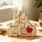 Puzzle Familial Chats en Bois Personnalisable – Statuette Décorative Prénoms Gravés