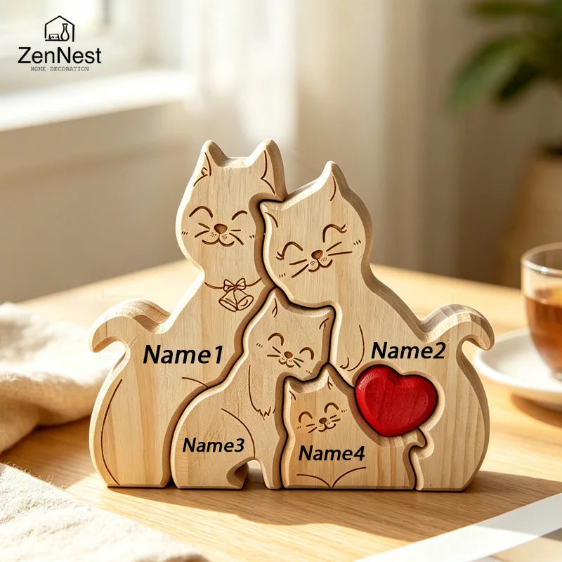 Puzzle Familial Chats en Bois Personnalisable – Statuette Décorative Prénoms Gravés