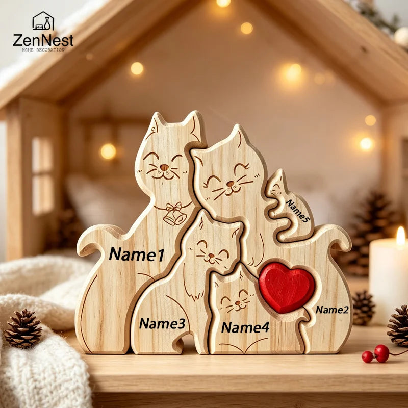 Puzzle Familial Chats en Bois Personnalisable – Statuette Décorative Prénoms Gravés