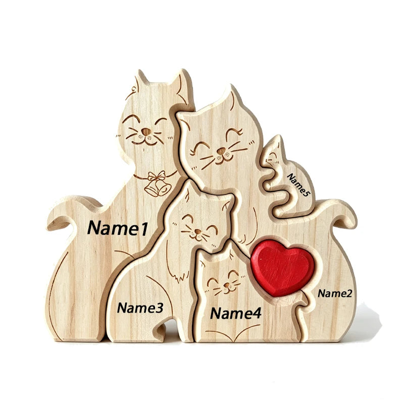 Puzzle Familial Chats en Bois Personnalisable – Statuette Décorative Prénoms Gravés
