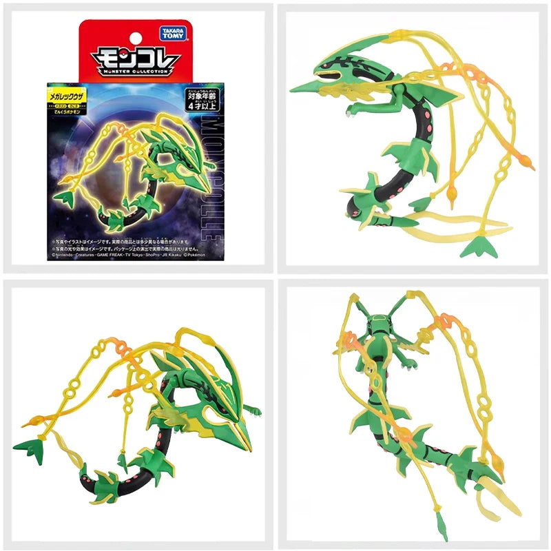 Figurines articulées de la collection Moncolle représentant Rayquaza (version classique et Shiny) ainsi que Torterra avec leurs emballages officiels.
