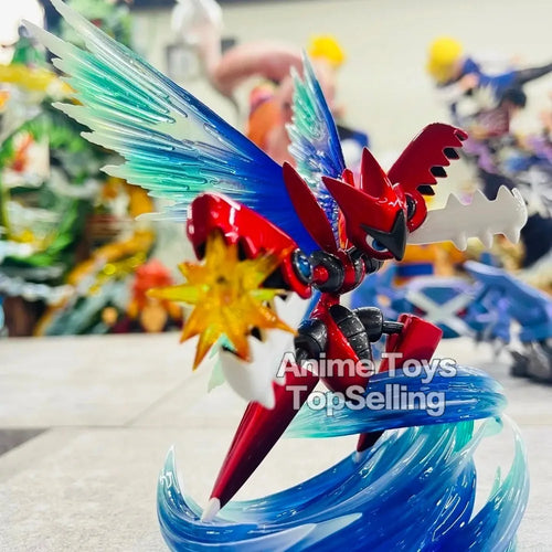 Figurine Pokémon de Cizayox en pleine attaque avec des effets d'énergie dynamiques et un socle détaillé.