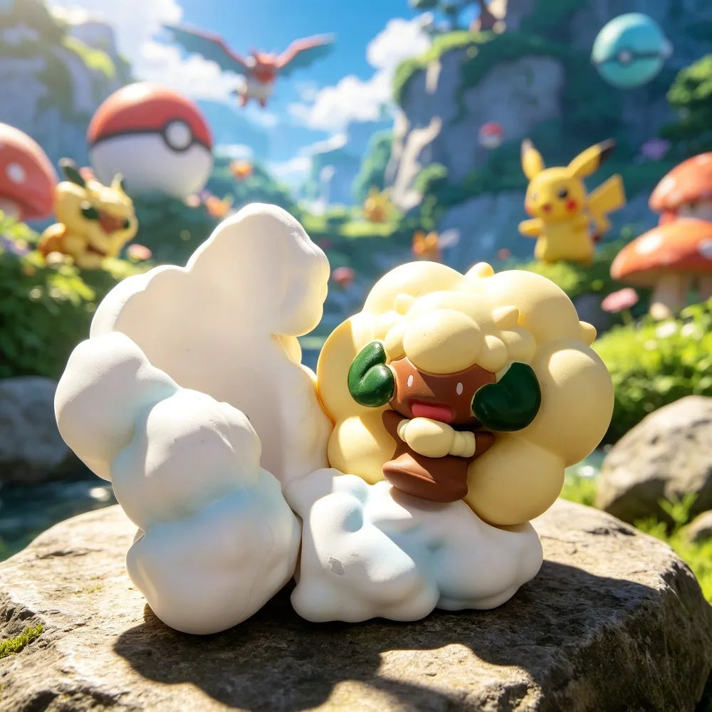 Ensemble de 8 mini-figurines Pokémon posées sur des socles en cristal coloré.