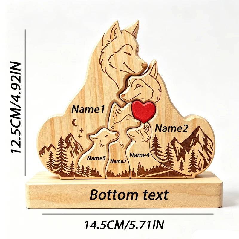 Puzzle Familial Loup en Bois Personnalisable – Statuette Décorative Prénoms Gravés